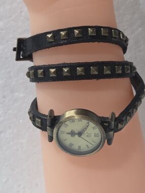 JQ Studded Wrap Leather Watch - Black with Antique Gold Face